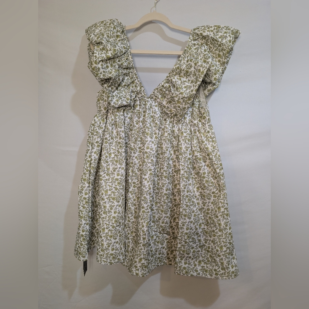 Green Floral Patterned Mini V Neck Puff Sleeve Babydoll Dress L - Picture 2 of 15